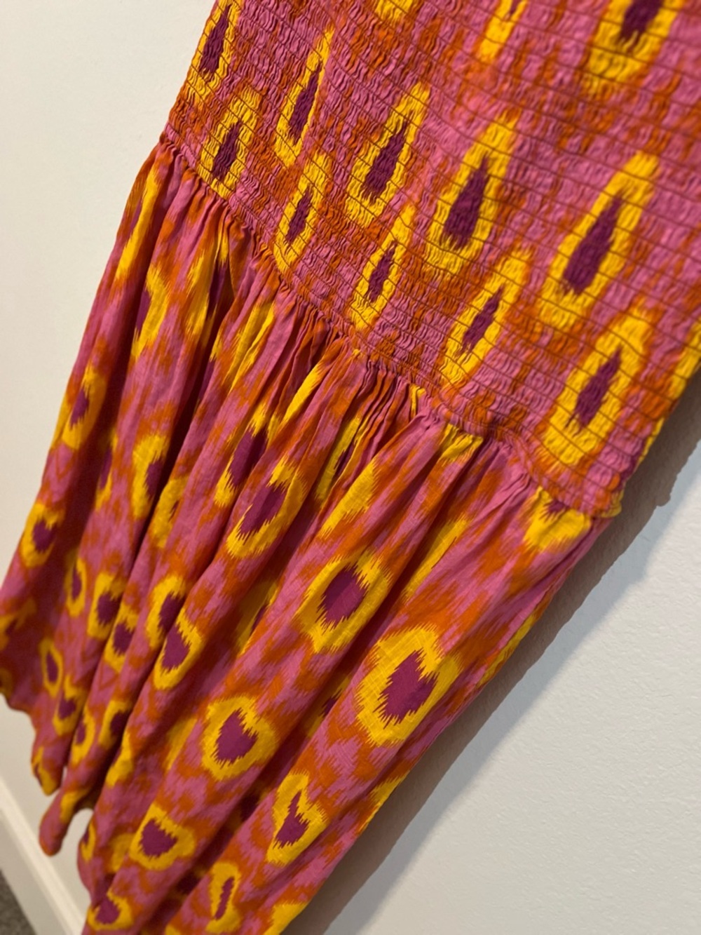 ZARA Vibrant Pink Yellow Printed Off Shoulder Smock Puff Sleeve Maxi Dress Beach - Picture 5 of 8